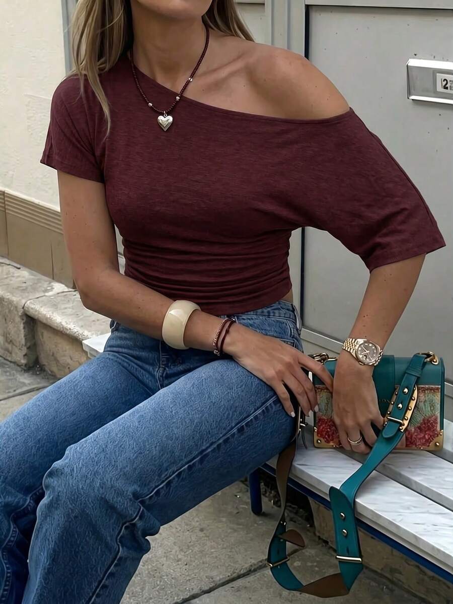 Vaiaye Women's Loose Y2K Style Round Neck Casual T-Shirt, Solid Color Minimalist Off-Shoulder Fitted Top, Spring/Summer Short Sleeve T-Shirt Brown - Brown - View 1