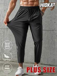 Plus Size Men's Casual Sports Pants, High Elastic Fabric, With Drawstring Waist And Zipper Pockets, Suitable For Daily Wear And Outdoor Activities With Reflective Design Black Spring - Black - View 2