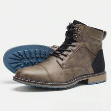 Men's Vintage Boots, Colorblock Upper, Rubber Dual-Color Non-Slip Sole, Inner Zipper, Outdoor Casual Ankle Boots - Grey - View 8