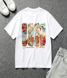 Aesthetic Watercolor Tropical Beach Coconut Surfboard Graphic Oversized Crew Neck Short Sleeve Women's T-Shirt Summer Vacation Casual Outfit Perfect Gift For Beach Holiday Lovers Teen Girls - 白色 - 查看 2