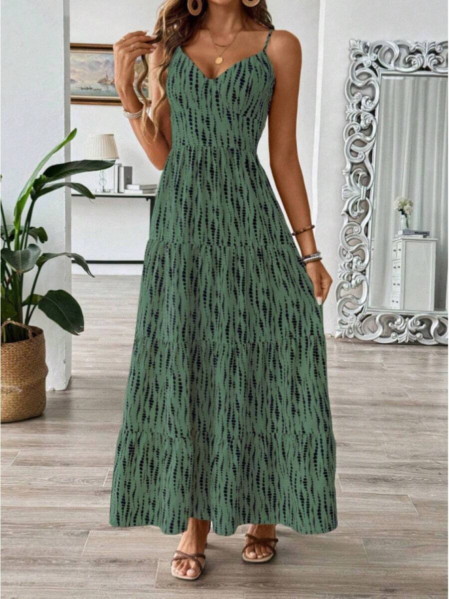 Vestido largo estilo color-block para mujer / Conjunto para vacaciones en la playa - Verde - Ver 1