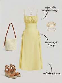 MOD Long Red Evening Dress With Pleats At The Bust And Lacing At The Sides, Summer Dresses For Women - Yellow - View 1