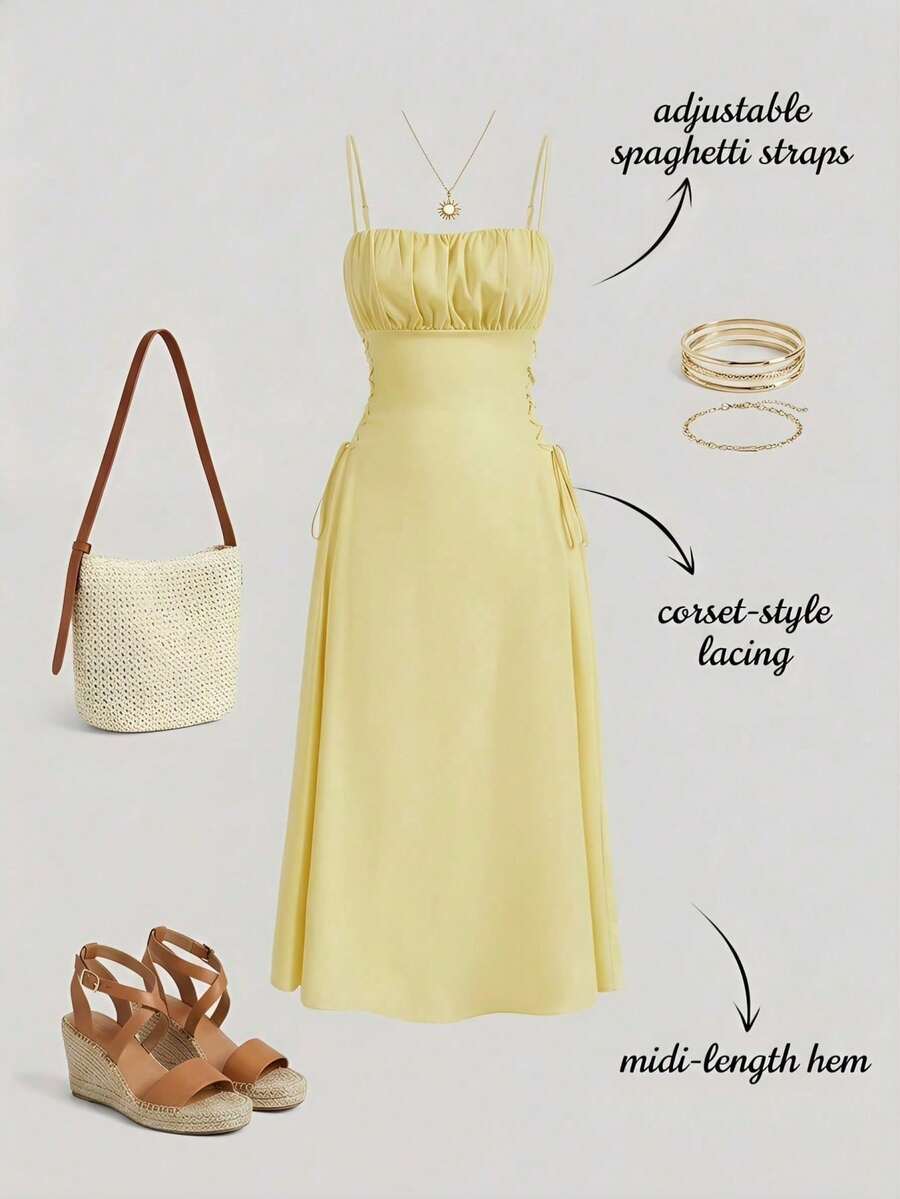 MOD Long Red Evening Dress With Pleats At The Bust And Lacing At The Sides, Summer Dresses For Women - Yellow - View 1