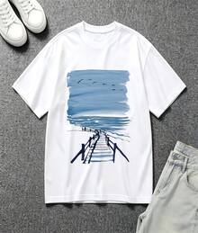 Soft Blue Watercolor Ocean Dock Seagull Landscape Graphic Oversized Crew Neck Short Sleeve Women's T-Shirt Coastal Vacation Casual Daily Wear Perfect Gift For Seascape Nature Art Enthusiasts - 白色 - 查看 2
