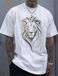 1 White Men's T-Shirt With Gold Lion Head Print, Round Neck, Casual Cotton T-Shirt, Medium Stretch Knit Fabric, Regular Fit For Young Men. - 白色 - 查看 1