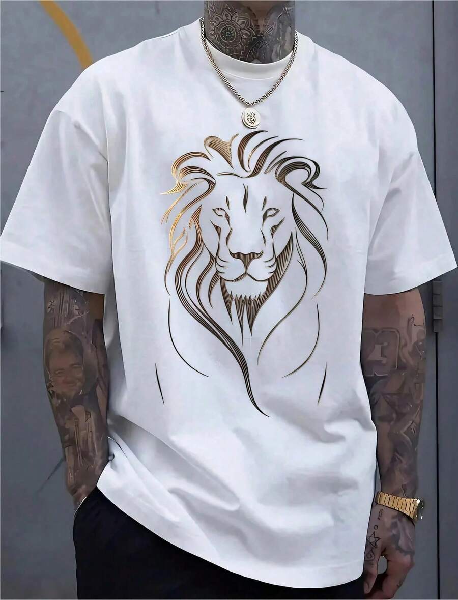 1 White Men's T-Shirt With Gold Lion Head Print, Round Neck, Casual Cotton T-Shirt, Medium Stretch Knit Fabric, Regular Fit For Young Men. - 白色 - 查看 1
