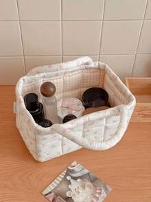 Rose Small Storage Basket With Gentle Floral Quilted Design, 2-Color Lining Options, For Bedroom, Dorm, Cosmetics, Skincare, Small Items, Clutter, Desktop Organization Storage - Multicolor - View 8