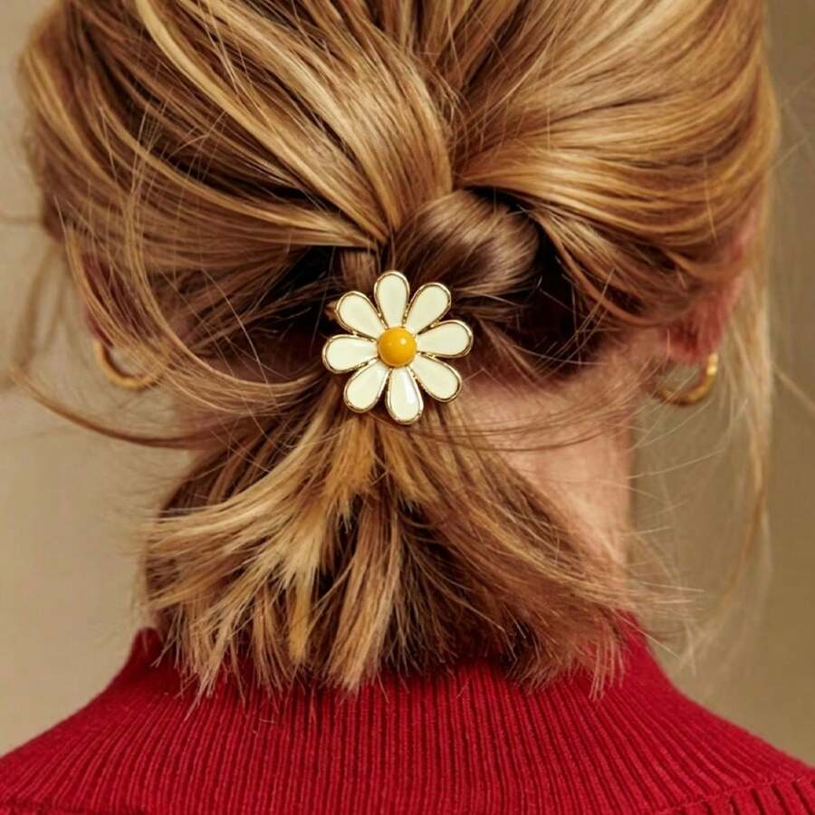 迷你琺瑯雛菊髮夾,金邊彩色花朵髮爪,可愛小尺寸女款髮夾,可固定瀏海與側髮,清新百搭日常與度假髮飾 - 小菊花 - 查看 1