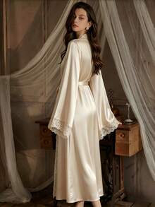 QING ROU Women's Elegant Satin Robe, Soft Lace Trim, Flared Long Sleeves, Silky & Comfortable, With Belt, Suitable For Home Use - Champagne - View 2