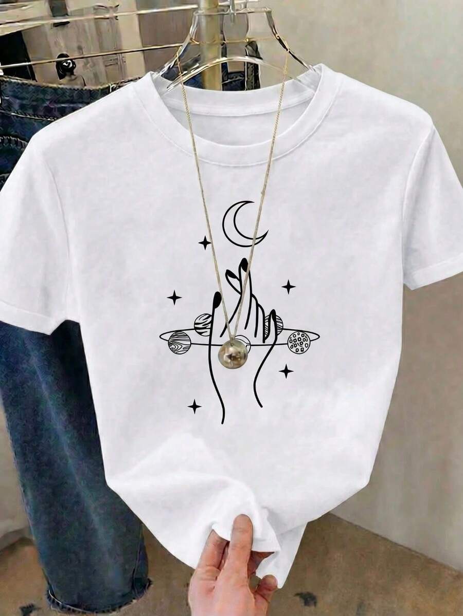 Women's Casual Short-Sleeved Round Neck Polyester T-Shirt With Planet And Moon Print, Ideal For Everyday Wear. - 白色 - 查看 1