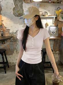 美式風格女款 V 領標準肩短袖 T 恤，修身顯瘦簡約百搭上衣，粉色休閒夏季款 - 粉色 - 查看 4