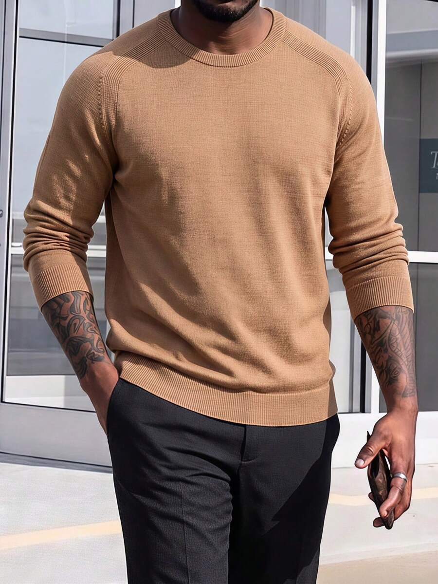 Men's Slim Fit Raglan Sleeve Crew Neck Long Sleeve Sweater - Yellow - View 1