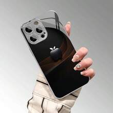 1pc Dark Gold Streamlined Metal Apple Pattern Glass Material Phone Case, Premium Texture, Elegant And Sophisticated, Suitable For IPhone - Silver - View 5