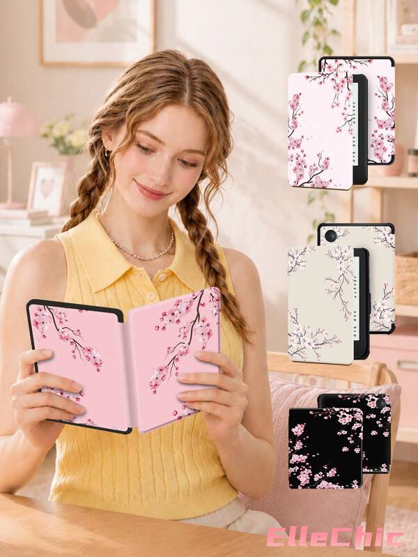 Étui de protection Kianle Fleurs de cerisier & Arbres de cerisier compatible avec Kindle 11e génération (2022/2024), Kindle Clara 2E, Clara Colour, Clara BW (6 pouces) et Libra Colour (7 pouces), design mignon, féminin et élégant, décoration de bureau pour tablette, anniversaire et fêtes.