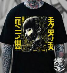 Cyberpunk Anime Girl T-Shirt: Futuristic Robot Design - 黑色 - 查看 1