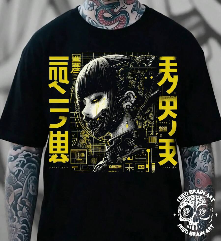 Cyberpunk Anime Girl T-Shirt: Futuristic Robot Design - 黑色 - 查看 1