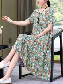 New Casual Mid-Length Loose-Fitting Printed Dress For Women, Stylish For Summer Vacation - 深金色 - 查看 1