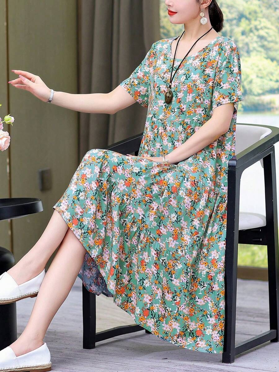New Casual Mid-Length Loose-Fitting Printed Dress For Women, Stylish For Summer Vacation - 深金色 - 查看 1