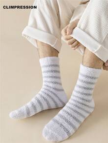 CLIMPRESSION Unisex Striped Plush Mid-Calf Socks, Neutral Fine Striped Coral Fleece Fluffy Home Socks, Soft Warm Winter Comfortable Sleep & Leisure Socks - Multicolor - View 6