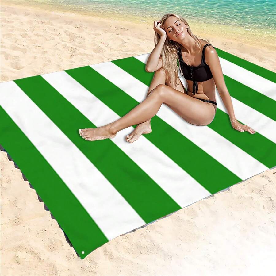 1pc Green Striped Pattern Beach Mat, Extra Large Beach Mat, Lightweight And Durable. Perfect For Travel, Camping And Picnic. Adult Extra Large Size. Perfect For Beach And Outdoor Adventure (Not A Beach Towel) - Multicolor - View 1
