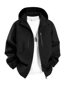 1pc Men's Black Hooded Jacket, Suitable For Casual And Work Wear - Black - View 3