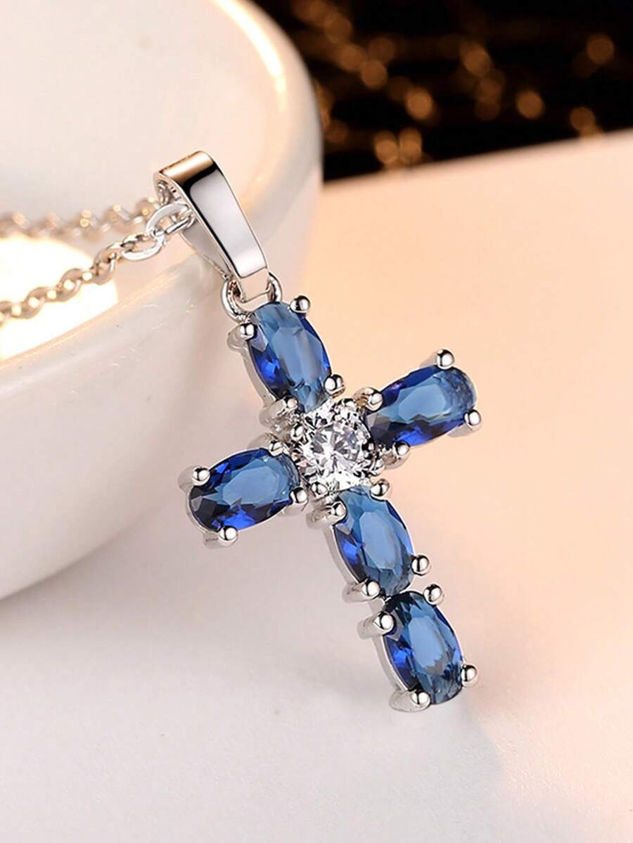 1 pieza Colgante de collar con cruz de circonita cúbica encantadora, regalo del Día de San Valentín para mujeres, boda, compromiso, aniversario, accesorio para fiestas - 1# - Ver 1
