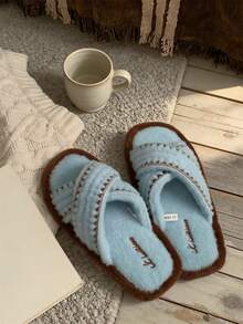 XIXITIAO Vintage Colorblock Cross-Strap Design Plush House Slippers, Comfortable Flat Soft Fleece Slip-On Shoes, Suitable For Home Office Bedroom - Blue - View 2