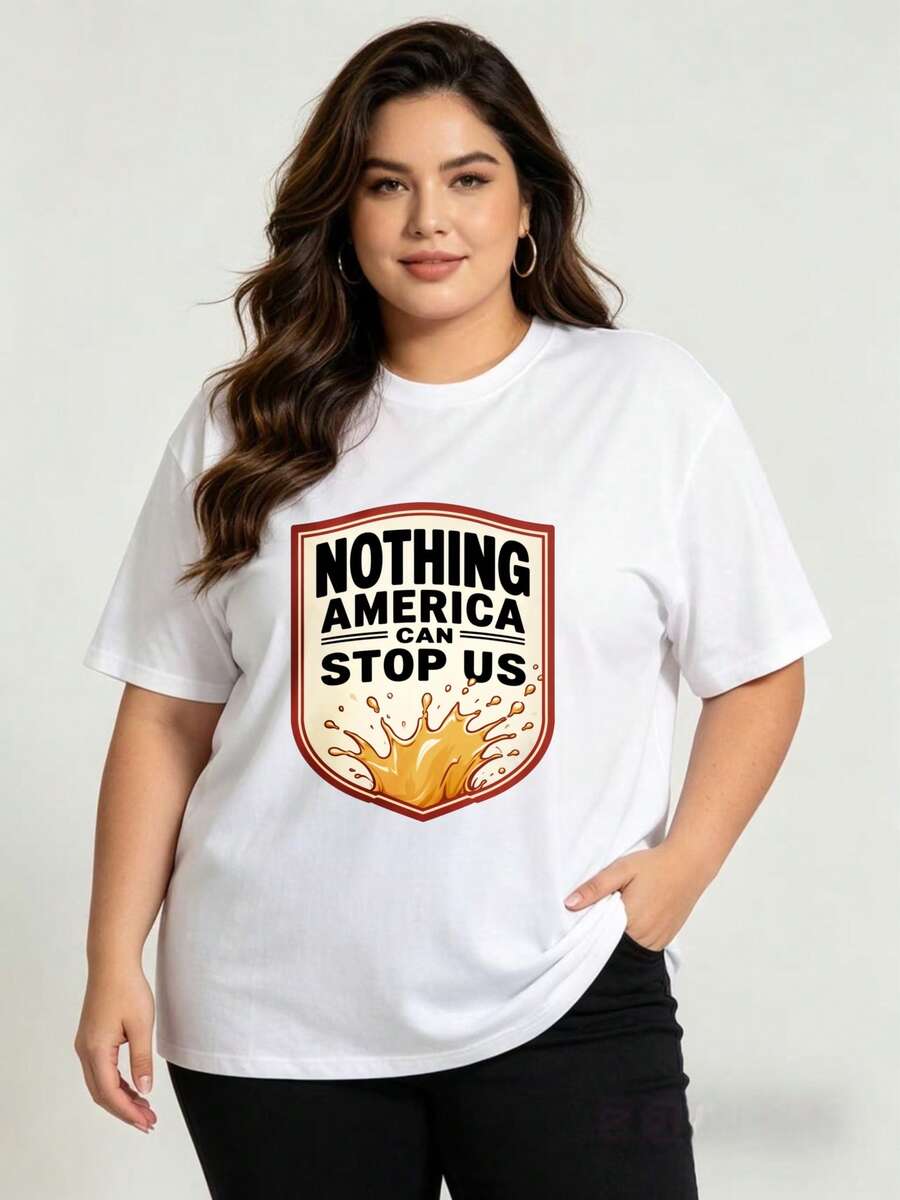 Camiseta de Mujer Más Vendida: Camiseta de estilo casual, de corte holgado, 100% algodón, con cuello redondo y el estampado "The United States Can't Stop Us", adecuada para uso casual y conj - Blanco - Ver 1