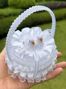 1pc White Handheld Wedding Ring Box With Pearl Bow And Satin Ribbon Decoration, Suitable For Wedding, Proposal, Anniversary - View 14
