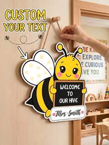1件個性化自定義文字蜜蜂主題教師門掛飾牌，卡通「Welcome To Our Hive」木製裝飾牌，易掛麻繩設計，返校季，給早期教育者的節日禮物，學校教室托兒所牆面門飾 - 彩色 - 查看 1