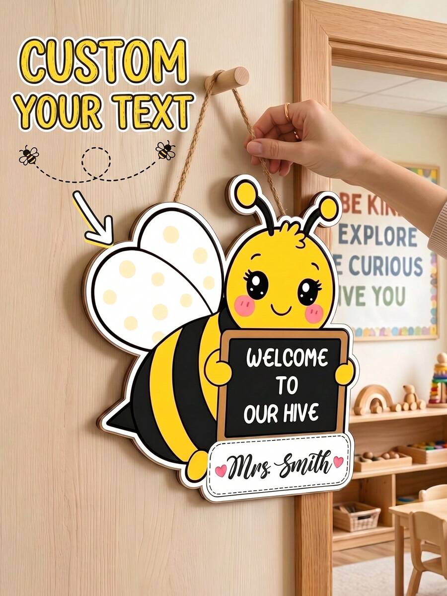 1件個性化自定義文字蜜蜂主題教師門掛飾牌,卡通「Welcome To Our Hive」木製裝飾牌,易掛麻繩設計,返校季,給早期教育者的節日禮物,學校教室托兒所牆面門飾 - 彩色 - 查看 1