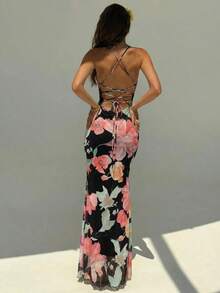 Elegant Women's Dress With Floral Print And Open Back, Summer Clothes, Beach Outfits For Women, Beach Vacation Clothes, Party Outfits, Bridesmaids - 黑色 - 查看 2