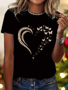 Camiseta de estilo Y2K elegante para mujer con estampado de "Coraz￳n", top casual de manga corta con cuello redondo, ropa para todas las estaciones | Ropa casual de moda | Estampado de letr - Negro - Ver 2