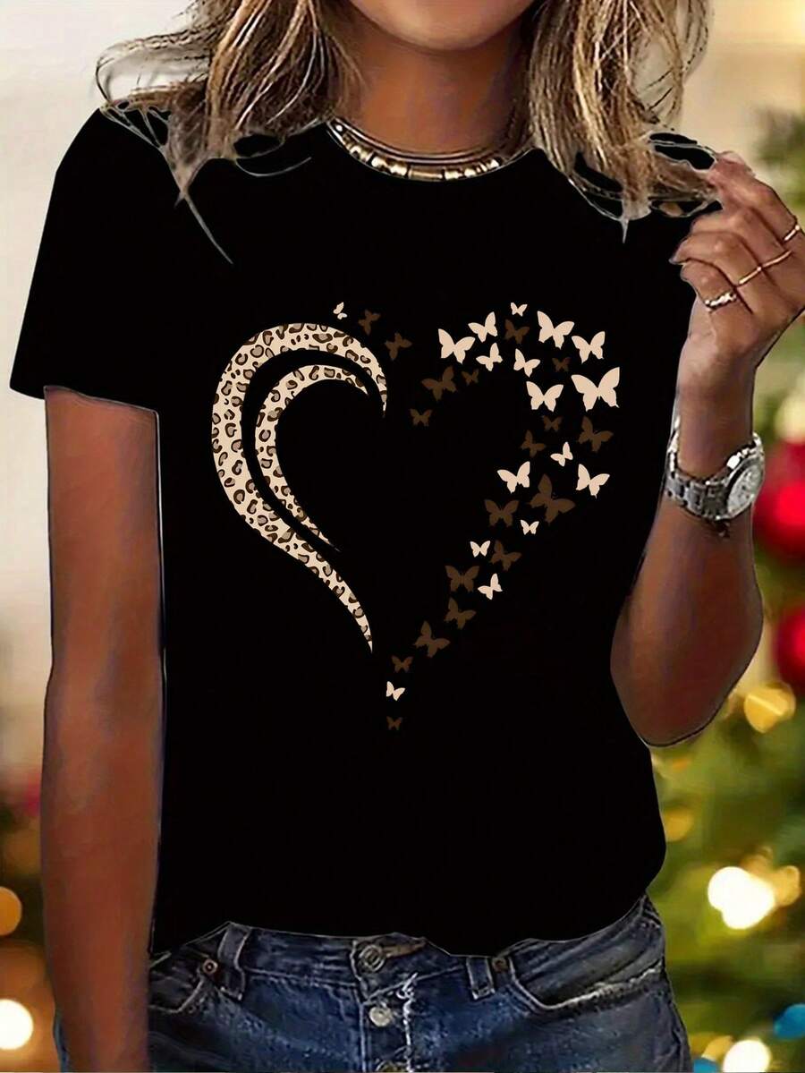 Camiseta de estilo Y2K elegante para mujer con estampado de "Coraz￳n", top casual de manga corta con cuello redondo, ropa para todas las estaciones | Ropa casual de moda | Estampado de letr