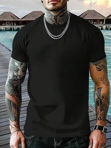 Camiseta de manga corta para hombre, modelo 917, con estampado de espalda de carreras, estilo casual, versátil, elástica y de cuello redondo. - Negro - Ver 2