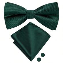5Pcs Green Men Accessory Set, Bow Tie Pocket Square Cufflinks Brooch Detachable Ring, Random Cufflink Patterns, Suit Accessories For Wedding - Green - View 3