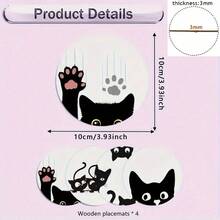 6pcs/Set Round Wooden Coasters, Perfect Cat-Themed Coaster Set, Suitable For Home And Kitchen Decor, Enhance Your Tabletop Style, Suitable For Coffee Table, Dining Room And Living Room Entertainment, Applicable To Various - Multicolor - View 7