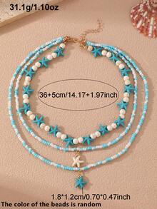 3pcs/Set Girls Blue Ocean Theme Seed Bead Starfish Necklace Set, Suitable For Vacation Decor, Daily Wear - Baby Blue - View 5