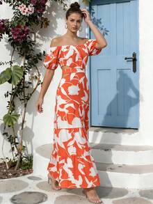Oyyn Elegant High Waist Floral Print Maxi Dress With Full Hem For Parties, Women's Clothing 2024, Chic And Sexy Off Shoulder Maxi Dresses Size S - 橘色 - 查看 3