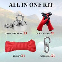 Kit d'aimant de récupération double face super puissant, ensemble complet d'aimant de pêche de 2,36 pouces comprenant une corde en nylon de 10 m de long, une boucle fixe et des gants de travail antidérapants, outil d'aimant de récupération de trésors métalliques sous-marins pour lac, rivière et épave - 60mm/2.36 pouces - Voir 4