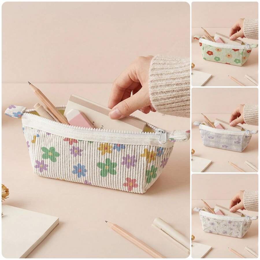 1pc Small Colorful Flowers Print Coarse Corduroy Zipper Pencil Case, Large Capacity Storage Pouch For School Stationery, Office Supplies & Personal Small Items - C-sJBD - View 1