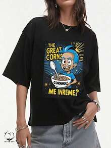 Unisex Size. Gifts For Mom, Funny Cartoon Graphic T-Shirts, 1 Piece, Cornholio Style, Unique Creative Design, Artistic Style, Loose Fit, Casual Going Out Wear - 黑色 8 - 查看 6