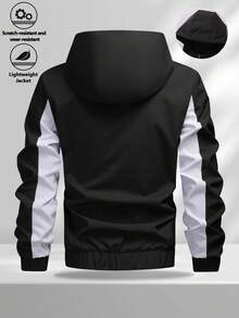 Men's Spring/Autumn Multi-Scenario Versatile Casual Sports Jacket, Functional Style Color-Block Outdoor Lightweight Durable Hooded Jacket, Geometric Patchwork Design With Adjustable Drawstring Hood, Smooth Zipper Closure - Black - View 3
