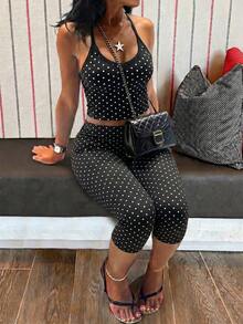 GLAMSKIN Conjunto de 2 piezas de ropa de estar en casa con lunares básicos para mujer, verano&otoño, top camisola ajustado&leggings capri, para volver a la escuela, salir, uso diario y ropa de calle - Fondo negro con ondas blancas - Ver 1