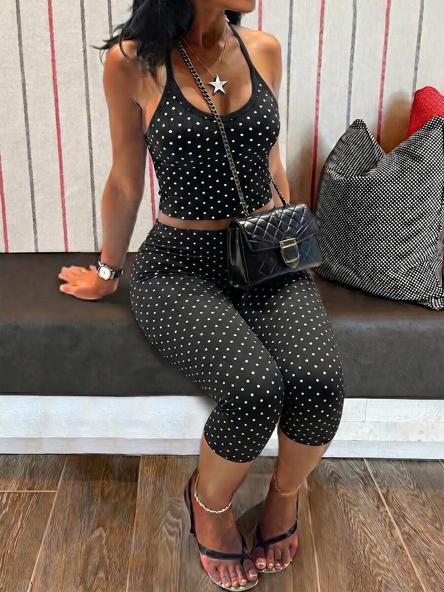 GLAMSKIN Conjunto de 2 piezas de ropa de estar en casa con lunares básicos para mujer, verano&otoño, top camisola ajustado&leggings capri, para volver a la escuela, salir, uso diario y ropa de calle - Fondo negro con ondas blancas - Ver 1