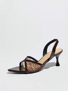 Sandalias de tacón alto para mujer de verano, estilo clásico de fiesta primavera/verano con patchwork de malla cruzada, slip-on, elegantes y maduras, color marrón café, tacón de copa, punta fina, cómodas y versátiles, zapatos de tacón bajo para discoteca, fiesta, cita, compras, regalo del Día de San Valentín, Día de la Madre y Día de la Mujer - Café integral - Ver 5