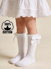 1 Pair Cotton Girls/Toddlers Bow Solid Color Knee High Socks, School Style - White - View 14