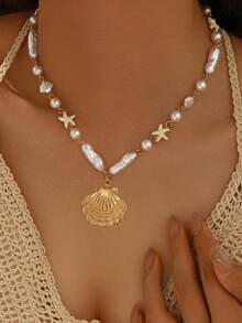 1pc Beach Vacation Style Ocean Shell Necklace, Fashionable Faux Pearl Starfish Shell Pendant, Gold Color Jewelry For Women, Suitable For Daily Wear, Summer Vacation, Dates, Parties, Music Festivals - Multicolor - View 1