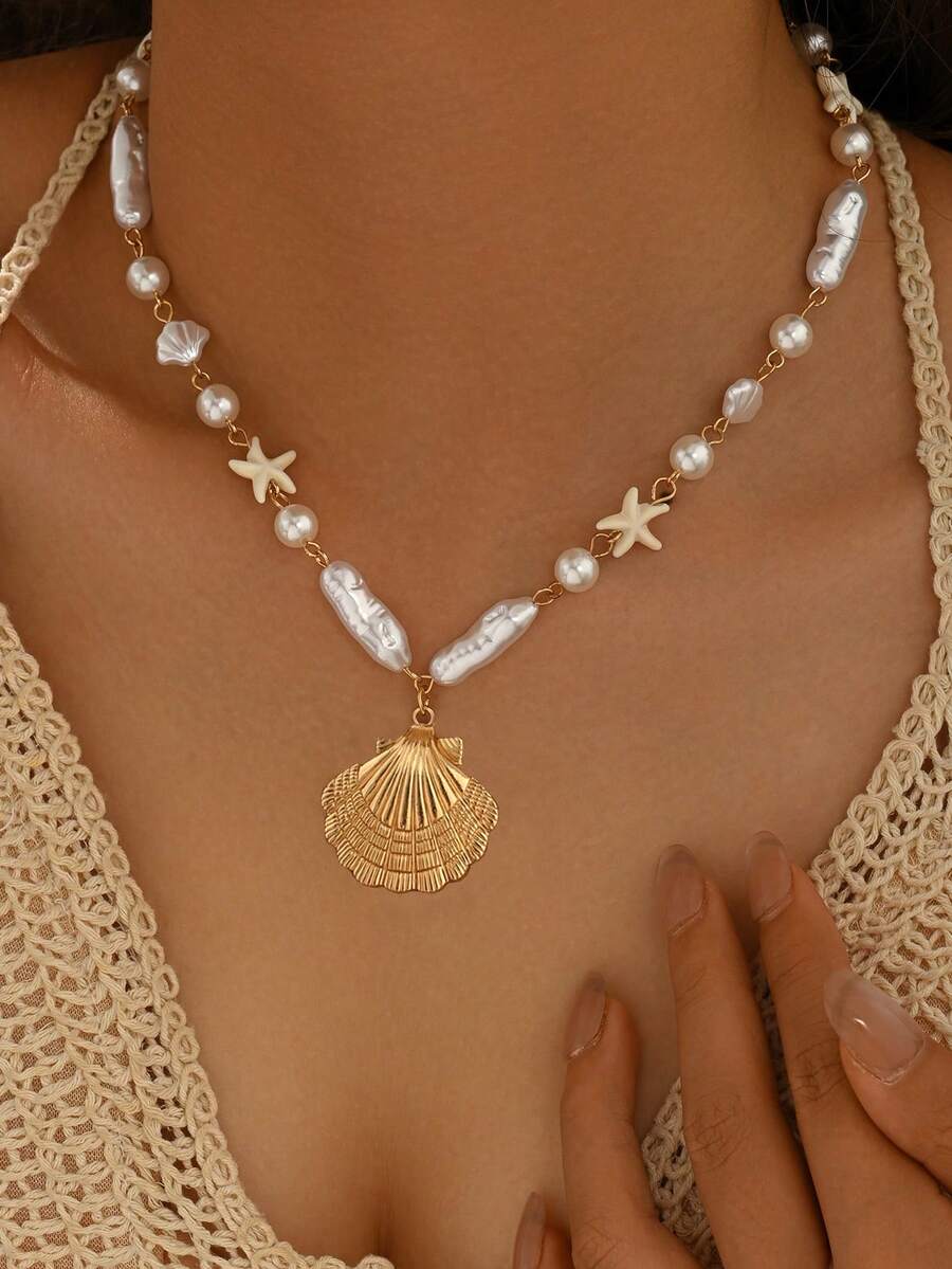 1pc Beach Vacation Style Ocean Shell Necklace, Fashionable Faux Pearl Starfish Shell Pendant, Gold Color Jewelry For Women, Suitable For Daily Wear, Summer Vacation, Dates, Parties, Music Festivals - Multicolor - View 1
