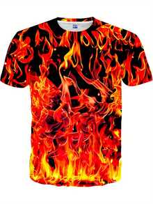 Camiseta de Hombre con Estampado de Llamas 360 - Suave, Transpirable, Diseño Artístico de Cuerpo Completo con Llamas Rojas y Naranjas Vibrantes, Camiseta Casual de Manga Corta y Cuello Redon - Negro - Ver 1